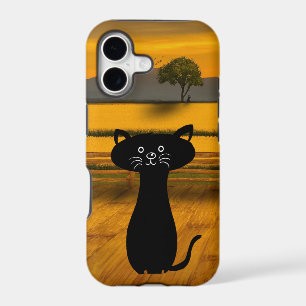 Cute Curious Black Cat With Sun Set Background