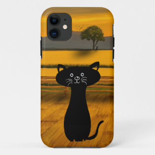 Cute Curious Black Cat With Sun Set Background iPhone 11 Case