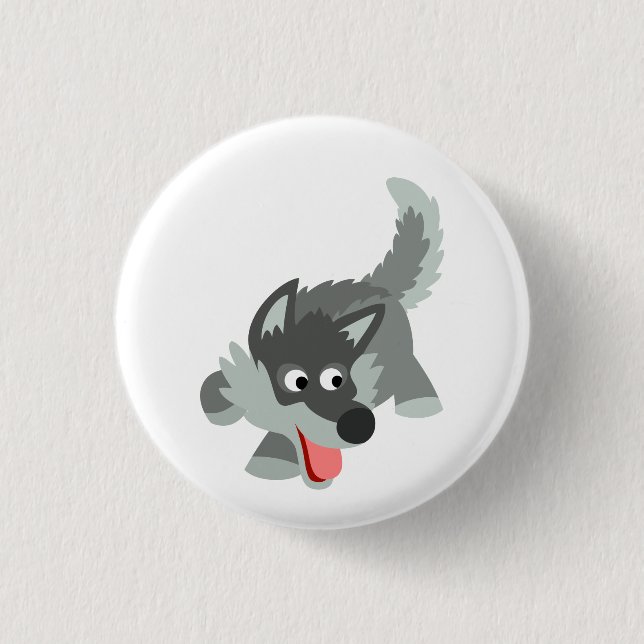 Cute Curious Cartoon Wolf Button Badge (Front)