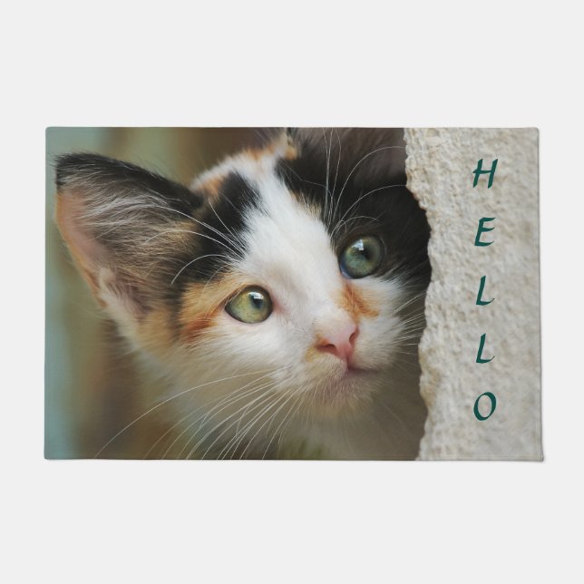 Cute Curious Cat Kitten Prying Eyes Hello - Doormat (Front)
