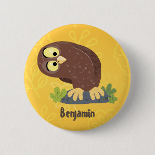Cute curious funny brown owl cartoon illustration 6 cm round badge