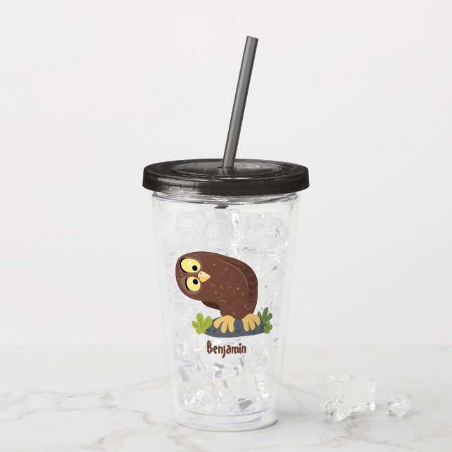 Cute curious funny brown owl cartoon illustration acrylic tumbler (Back Ice)