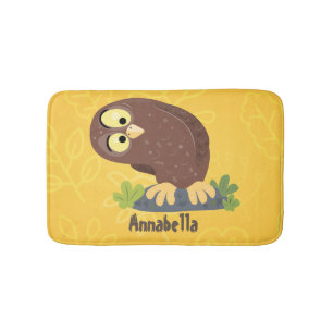 Cute curious funny brown owl cartoon illustration bath mat