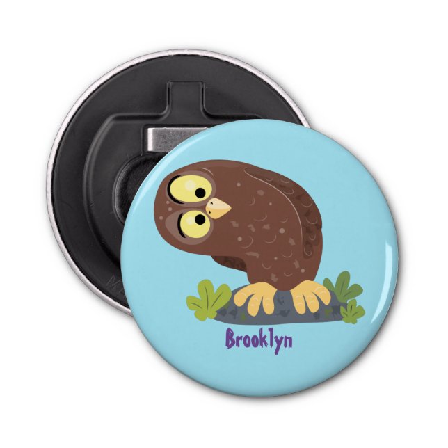 Cute curious funny brown owl cartoon illustration bottle opener (Front)