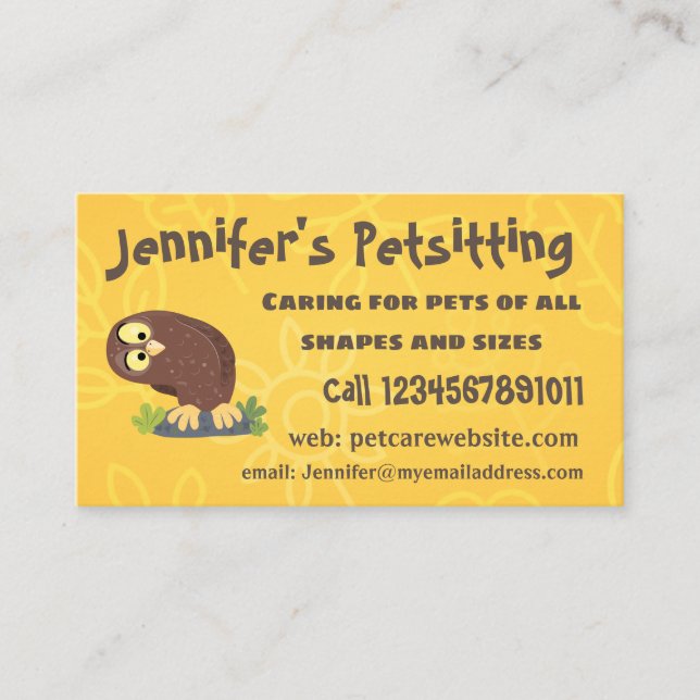 Cute curious funny brown owl cartoon illustration business card (Front)