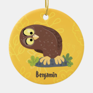 Cute curious funny brown owl cartoon illustration ceramic ornament