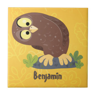 Cute curious funny brown owl cartoon illustration ceramic tile