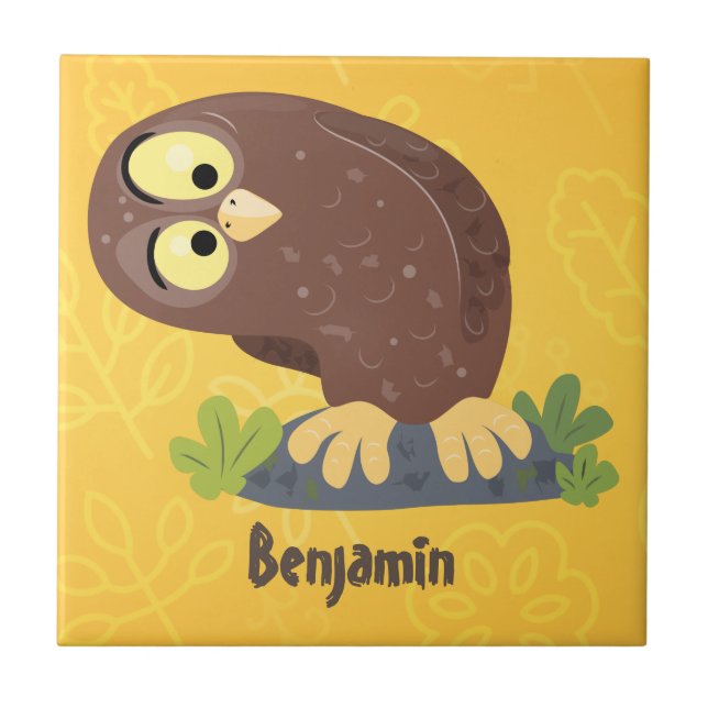 Cute curious funny brown owl cartoon illustration ceramic tile (Front)