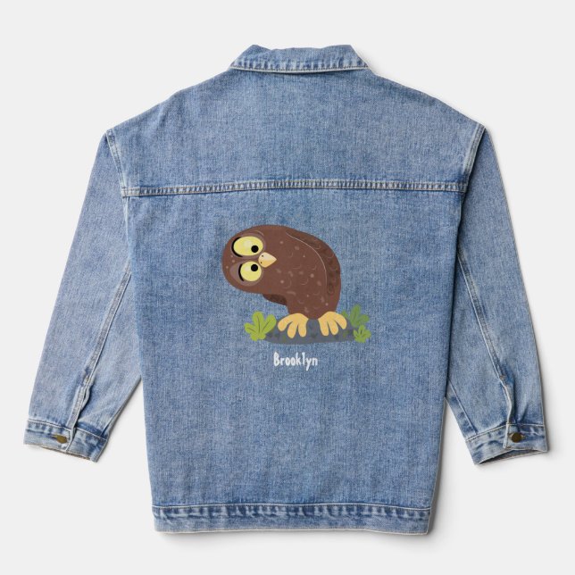 Cute curious funny brown owl cartoon illustration denim jacket (Back)