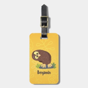 Cute curious funny brown owl cartoon illustration luggage tag