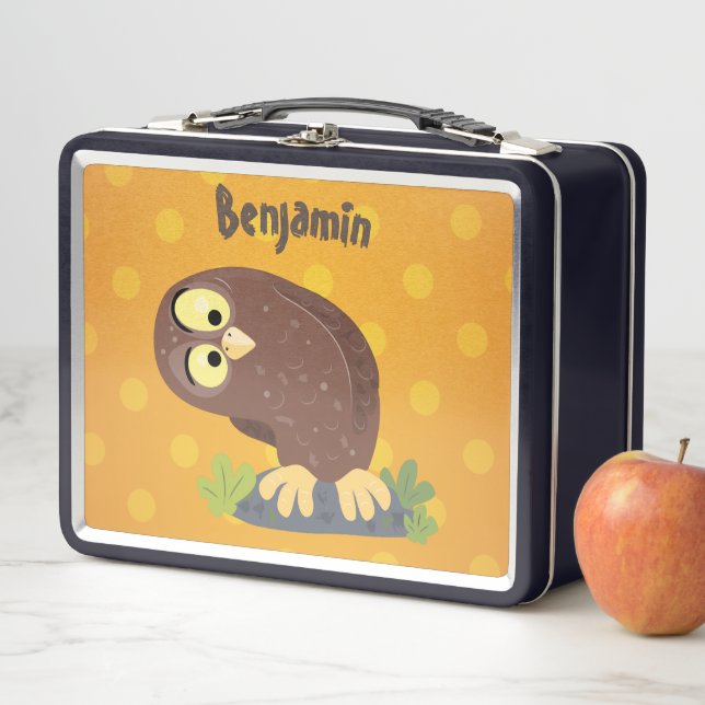 Cute curious funny brown owl cartoon illustration metal lunch box (In Situ)