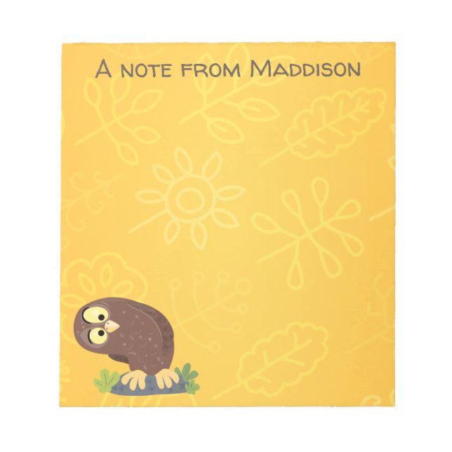 Cute curious funny brown owl cartoon illustration notepad (Front)