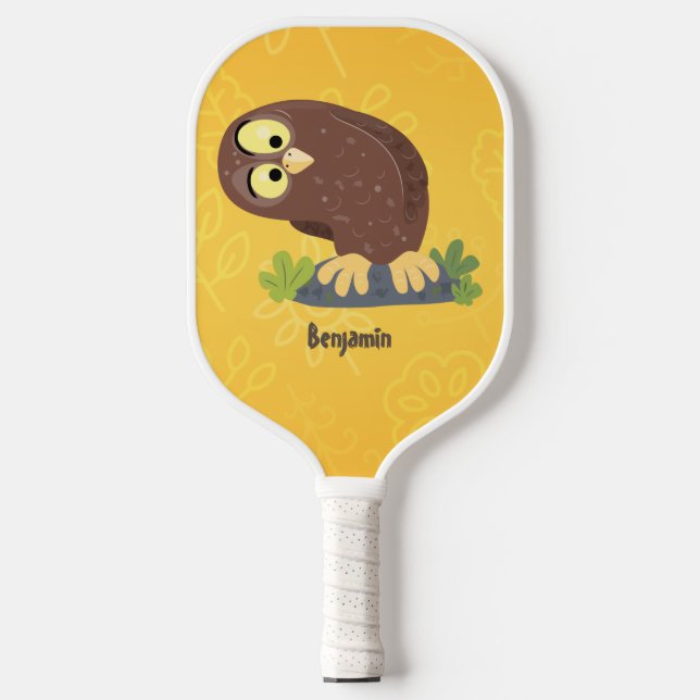 Cute curious funny brown owl cartoon illustration  pickleball paddle (Front)