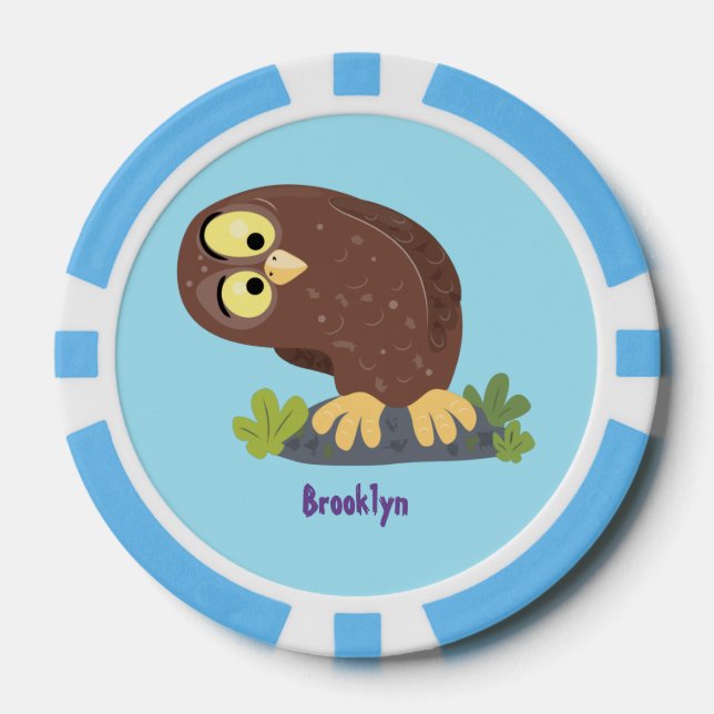 Cute curious funny brown owl cartoon illustration poker chips (Front)