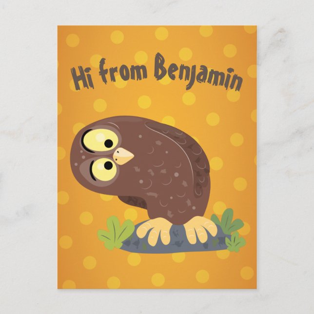 Cute curious funny brown owl cartoon illustration postcard (Front)