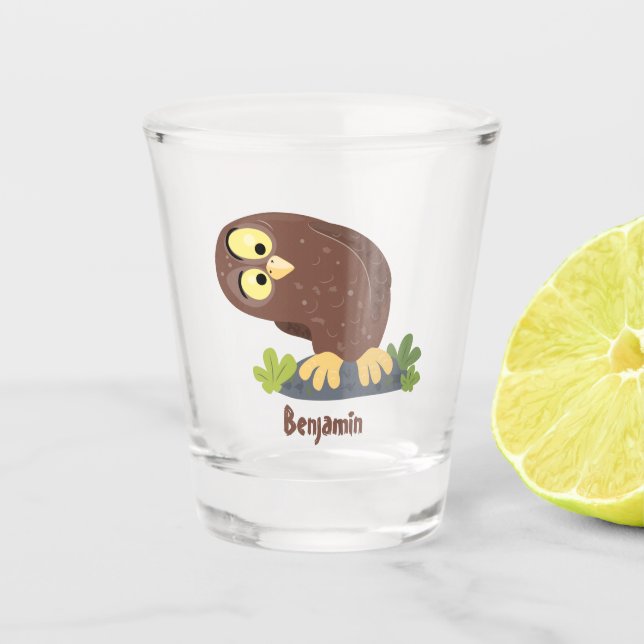 Cute curious funny brown owl cartoon illustration shot glass (Front)