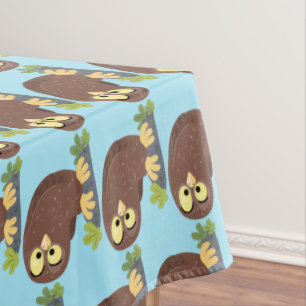 Cute curious funny brown owl cartoon illustration tablecloth