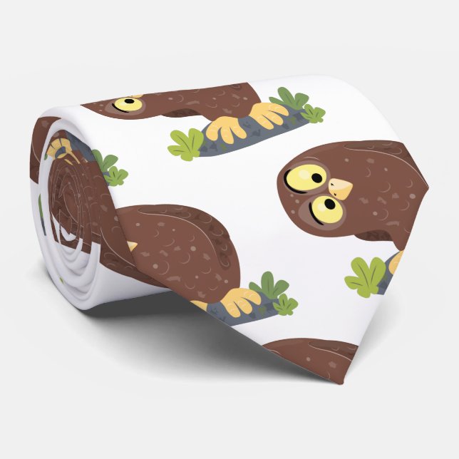 Cute curious funny brown owl cartoon illustration tie (Rolled)