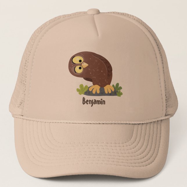 Cute curious funny brown owl cartoon illustration trucker hat (Front)