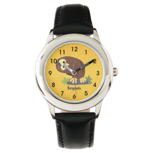 Cute curious funny brown owl cartoon illustration watch (Front)