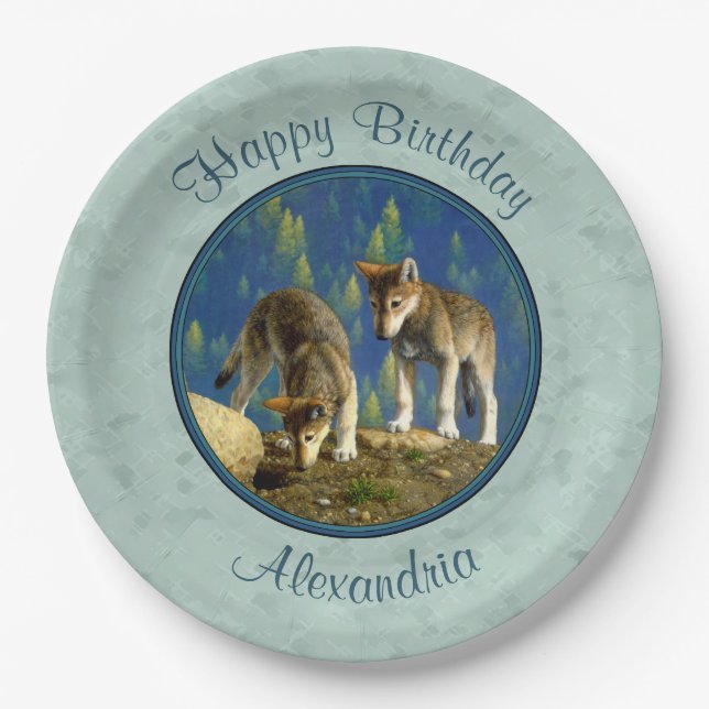 Cute Curious Grey Wolf Pups Paper Plate (Front)