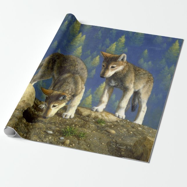 Cute Curious Grey Wolf Pups Wrapping Paper (Unrolled)