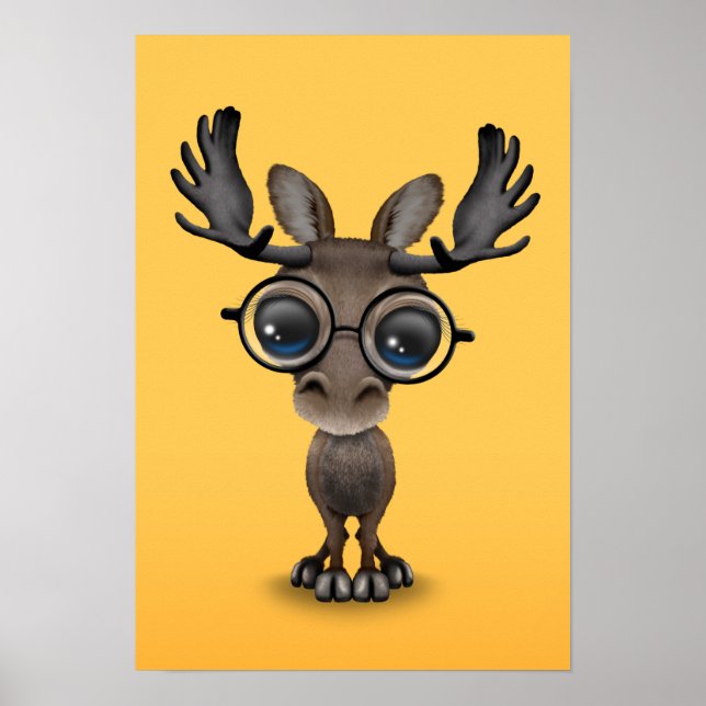 Cute Curious Moose Nerd Wearing Glasses on Yellow Poster (Front)
