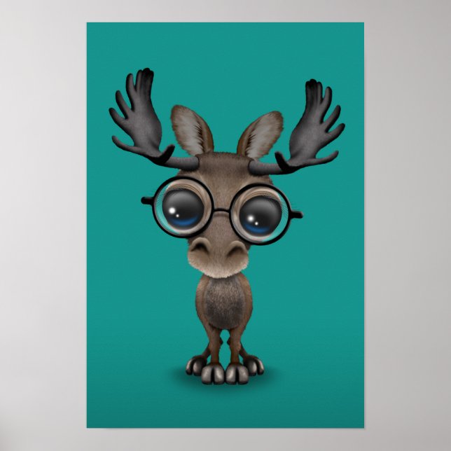 Cute Curious Moose Nerd Wearing Glasses Turquoise Poster (Front)