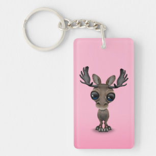 Cute Curious Moose with Big Eyes on Pink Key Ring