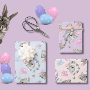 Cute Curious Rabbits Floral Pastel Pink Blue Lilac Wrapping Paper Sheet