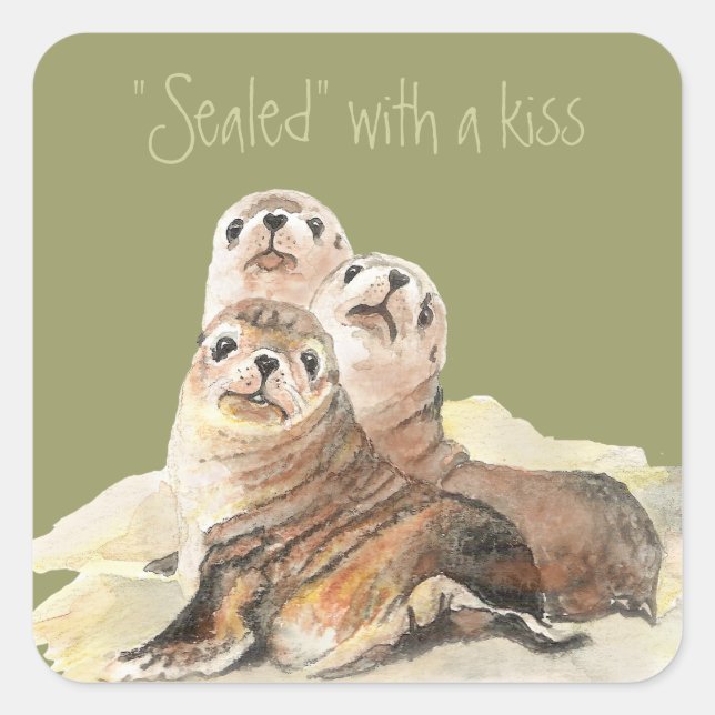 Cute Curious Seals, Sealed with a Kiss Square Sticker (Front)