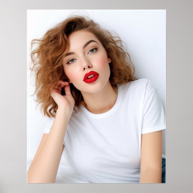 Cute curly-hair model model wearing Gildan tshirt Poster (Front)