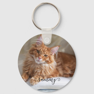 Cute Curly Name Cat Photo Key Ring