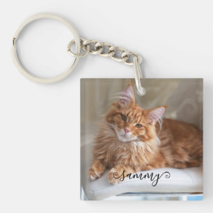 Cute Curly Name Cat Photo Key Ring