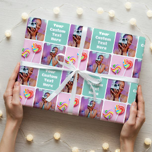 Cute Custom 3 Photo Modern Retro Green Pattern Wrapping Paper