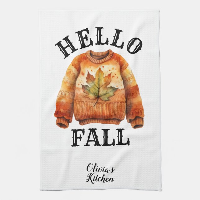Cute Custom Autumn | Hello Fall Personalised White Tea Towel (Vertical)