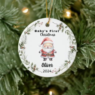 Cute Custom Baby First Watercolor Santa Ceramic Ornament