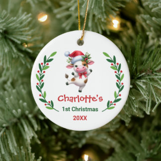 Cute Custom Baby's First Christmas Festive Cow Ceramic Ornament