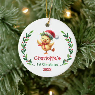Cute Custom Baby's First Christmas Festive Duck Ceramic Ornament