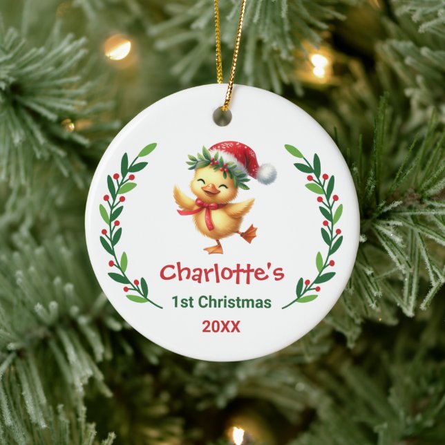 Cute Custom Baby's First Christmas Festive Duck Ceramic Ornament (Tree)