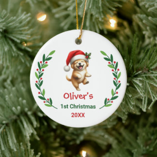 Cute Custom Baby's First Christmas Festive Puppy Ceramic Ornament