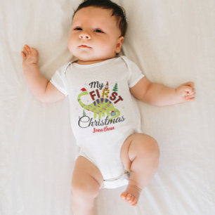 Cute Custom Baby's First Christmas Gnome Dinosaur Baby Bodysuit