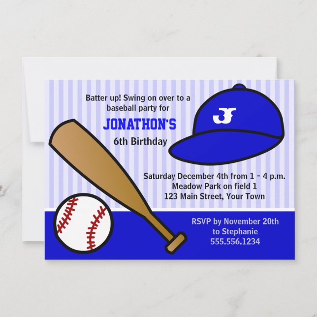 Cute Custom Baseball Birthday Party Blue and White Invitation (Front)