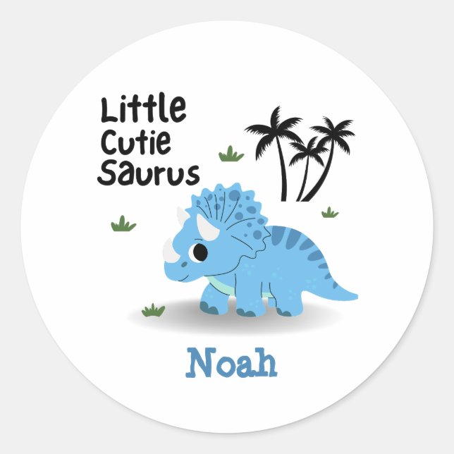 Cute Custom Blue Baby Dino  Classic Round Sticker (Front)