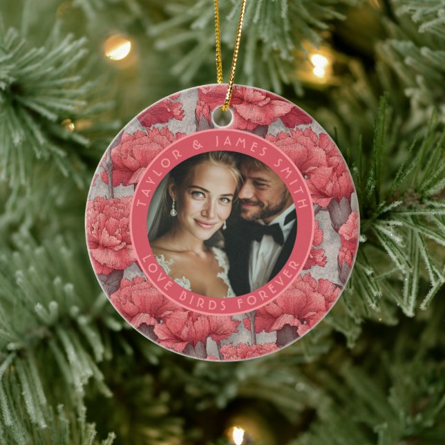 Cute Custom Carnation Flower Seaside Wedding Ceramic Ornament (Tree)