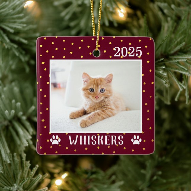 Cute Custom Cat Name Year Paw Prints Holiday Ceramic Ornament (Tree)