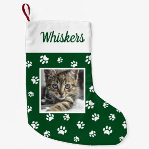 Cute Custom Cat Photo Name Green White Paws Small Christmas Stocking