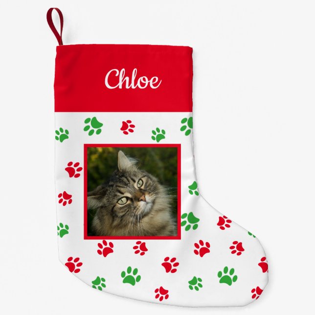 Cute Custom Cat Photo Name Red Green Paws Small Christmas Stocking (Front)