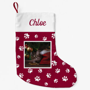 Cute Custom Cat Photo Name Red White Paws Small Christmas Stocking