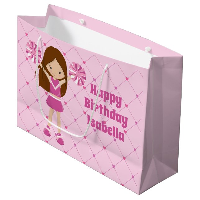 Cute Custom Cheerleader Girls Pink Birthday Large Gift Bag (Front Angled)